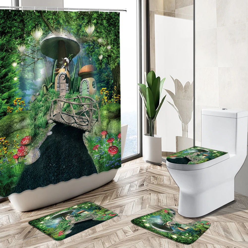 

Fairytale Forest Scenery Shower Curtain Elk Parrot Unicorn Animal Mushroom House Non-Slip Rug Toilet Cover Child Bathroom Set