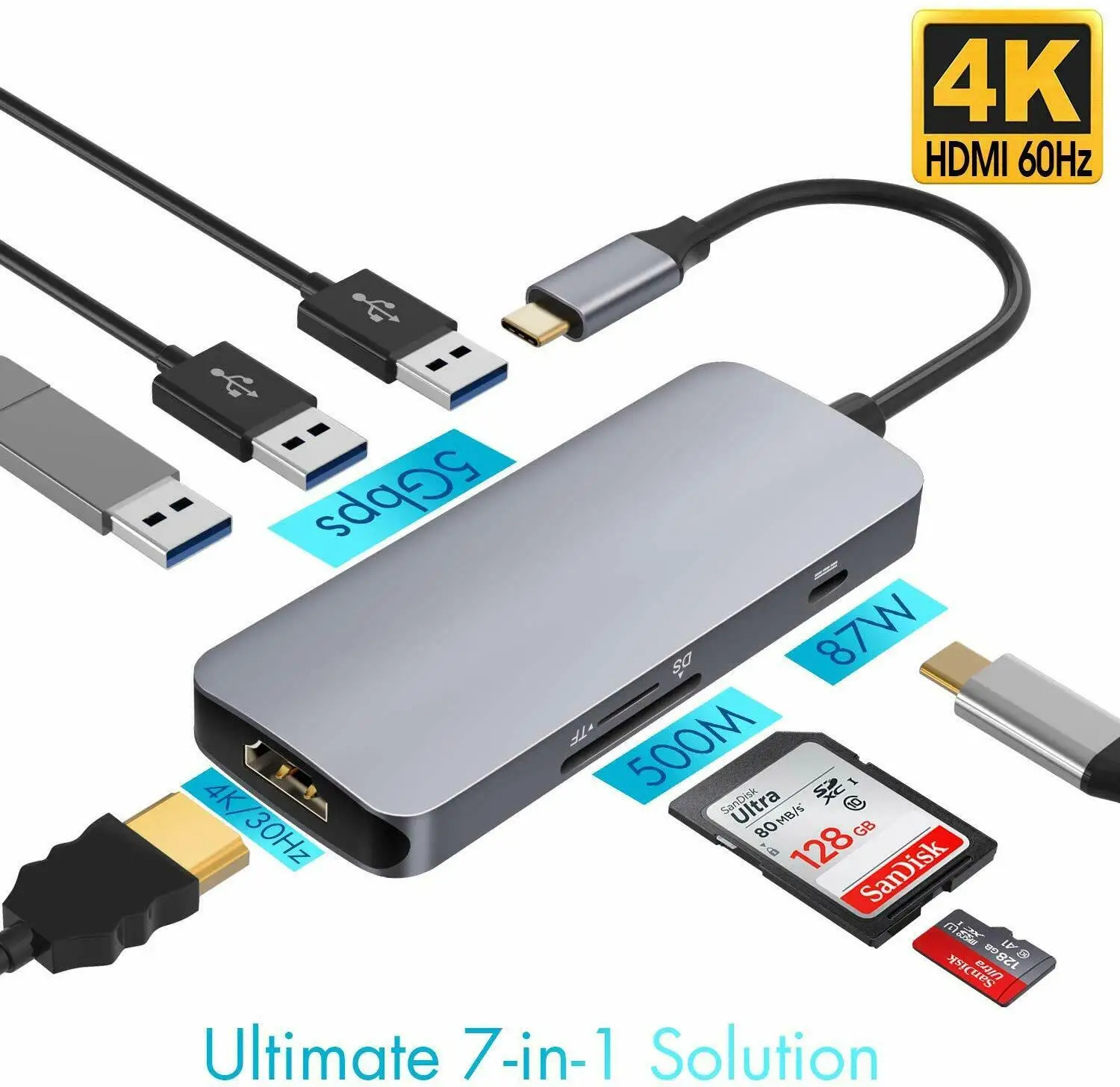 USB-концентратор 7 в 1 алюминиевый с адаптером HDMI 4K, 3 порта USB, кардридер SD/TF
USB-концентратор 7 в 1 алюминиевый с адаптером HDMI 4K, 3 порта USB, кардридер SD/TF