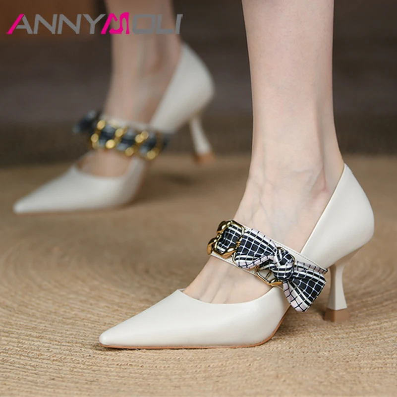 ANNYMOLI Mary Janes Shoes Women Genuine Leather SheepSkin Thin High Heels Shoes Bow Chain Female Sexy Footwear Black Spring 39
ANNYMOLI Mary Janes Shoes Women Genuine Leather SheepSkin Thin High Heels Shoes Bow Chain Female Sexy Footwear Black Spring 39