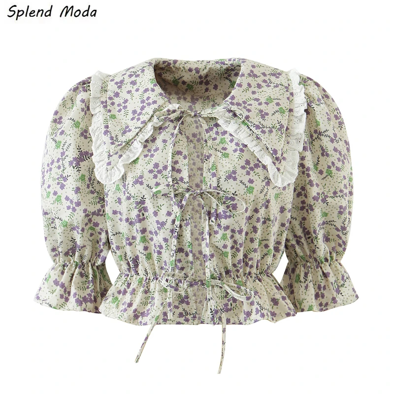 French Vintage Peter Pan Collar Five-Point Puff Sleeve Floral Printed Blouse Women Summer 2021 Ruffled Lace-Up Top
French Vintage Peter Pan Collar Five-Point Puff Sleeve Floral Printed Blouse Women Summer 2021 Ruffled Lace-Up Top