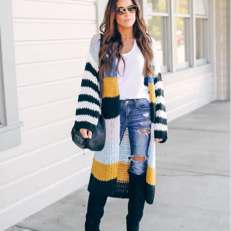 Chic Stitching Contrast Color Striped Long Knitted Cardigan Long Sleeve V-Neck Irregular Sweater Coat Tops Sueter Knitwear 2021
Chic Stitching Contrast Color Striped Long Knitted Cardigan Long Sleeve V-Neck Irregular Sweater Coat Tops Sueter Knitwear 2021