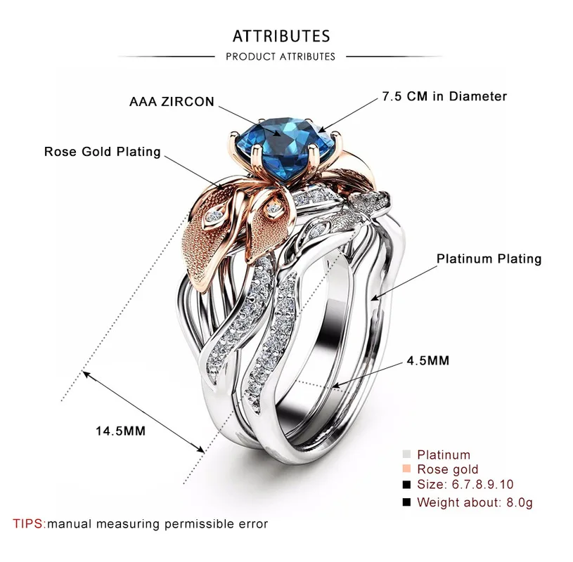 Trendy Ladies Leaves Engagement Rings Set Blue Zircon Anniversary Wedding Ring For Women Party Jewelry
Trendy Ladies Leaves Engagement Rings Set Blue Zircon Anniversary Wedding Ring For Women Party Jewelry