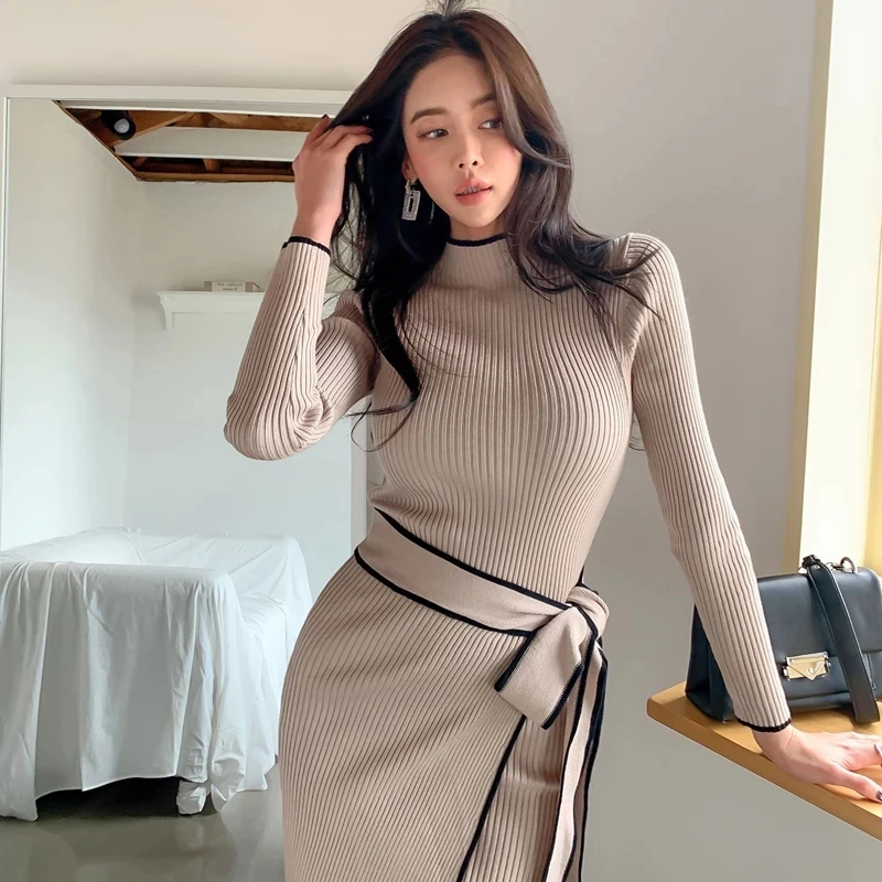 Autumn Winter Women Temperament Dress Korean Style With Belt Vintage Patchwork Slim Knitted Pullover Ladies Elegant Knit Dress
Autumn Winter Women Temperament Dress Korean Style With Belt Vintage Patchwork Slim Knitted Pullover Ladies Elegant Knit Dress
