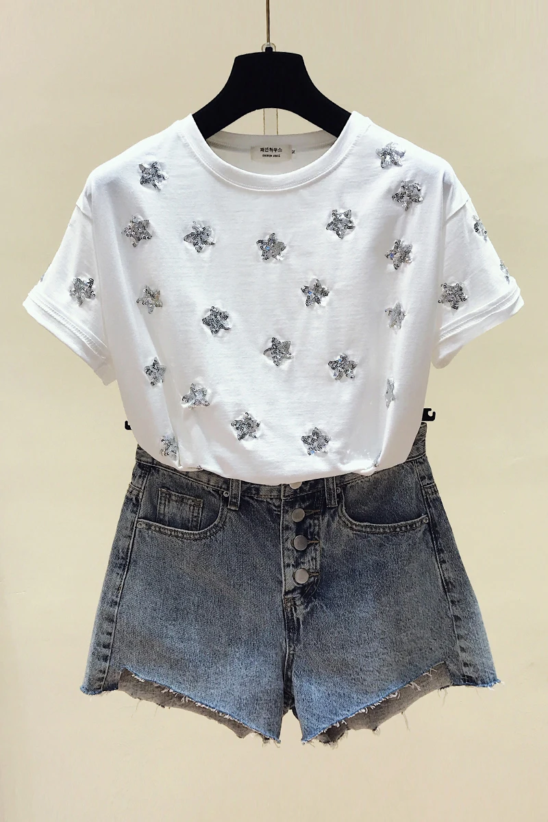QING MO Woman Large Size T-shirt 2021 Summer Five-pointed Star Pattern Short Sleeve T-shirt Sequins Embroidery Coat LHXX467
QING MO Woman Large Size T-shirt 2021 Summer Five-pointed Star Pattern Short Sleeve T-shirt Sequins Embroidery Coat LHXX467