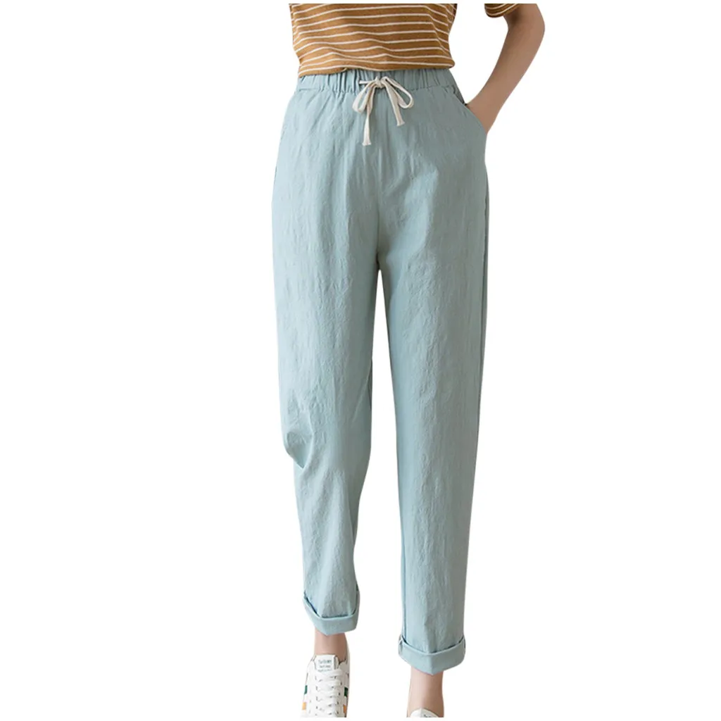 38#Women's High Waist Cotton Linen Trousers Loose Casual Thin Wide Leg Cropped Pants Spring Summer Solid Color | Женская одежда
