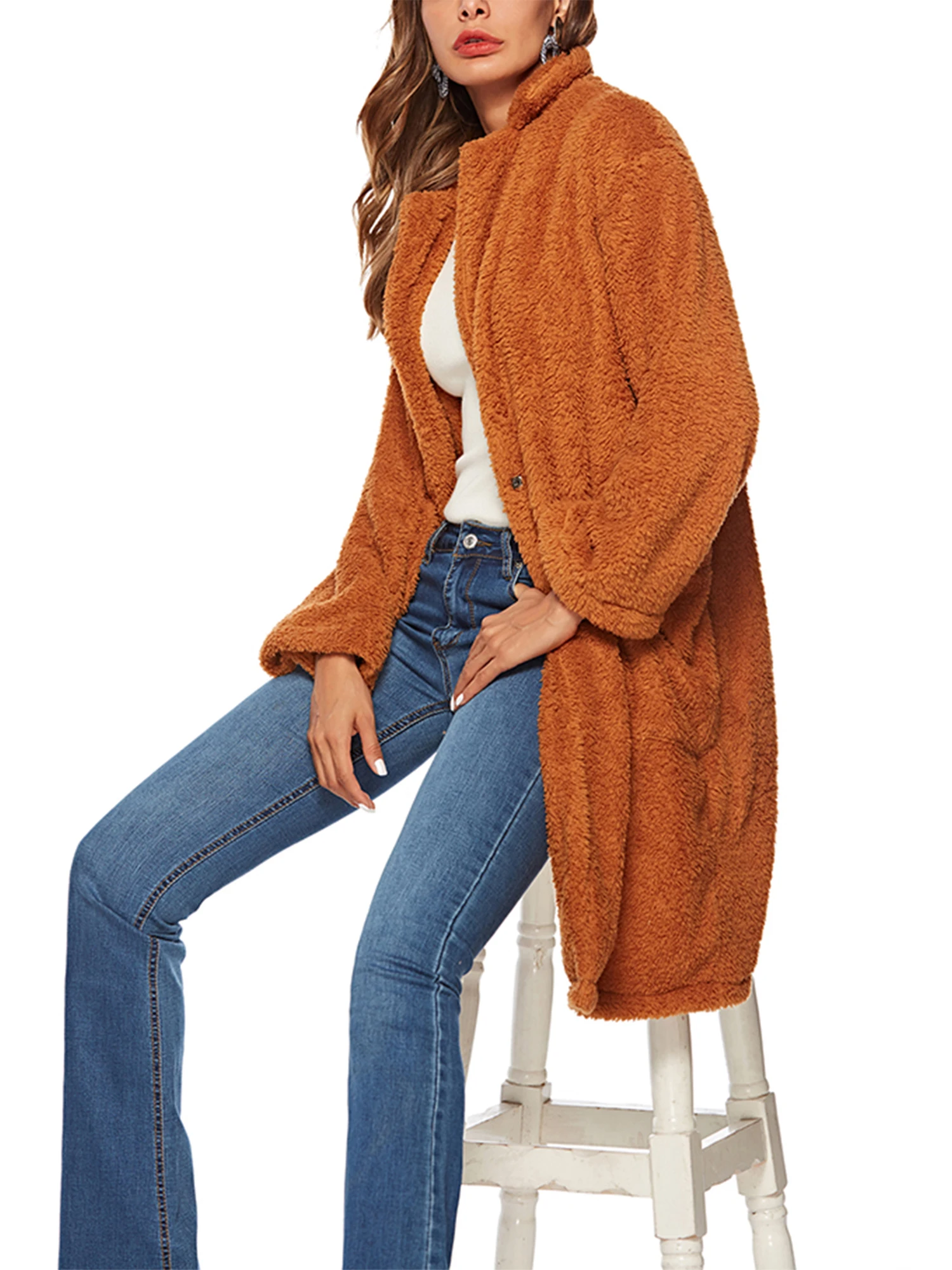 Women Fall Coat Plush Top Party Clothes Loose Warm Windproof Lapel Neck Long Sleeve Buttons Side Pocket Clothes Brown Casual
Women Fall Coat Plush Top Party Clothes Loose Warm Windproof Lapel Neck Long Sleeve Buttons Side Pocket Clothes Brown Casual