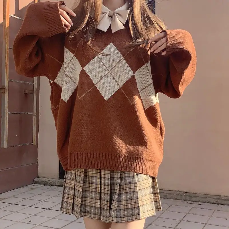 Long sleeve student black green Women's Sweaters 2021 Autumn Winter Loose oversized Pullover Knitted Tops Women Plaid Sweater
Long sleeve student black green Women's Sweaters 2021 Autumn Winter Loose oversized Pullover Knitted Tops Women Plaid Sweater