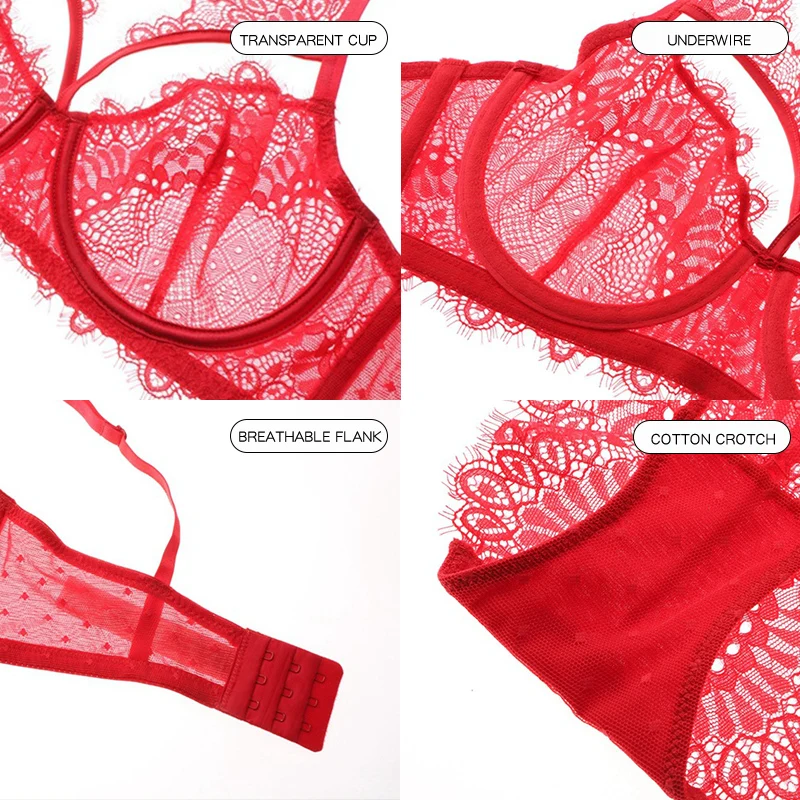 

Bra Set Transparent Women's Sexy Underwear Set Hollow Out Eyelash Lace Decoration Underwired Lingerie Women Set Lucky Red