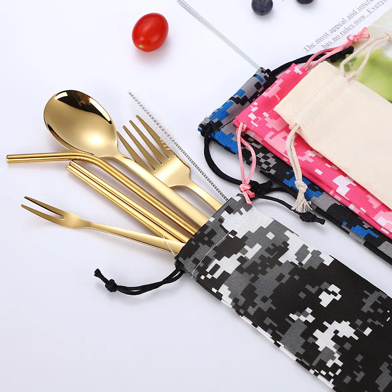 

5Pcs Stainless Steel Portable Tableware Chopsticks Fork Spoon Straws Dinnerware Set Travel Camping Lunch Picnic Cutlery Set Bag