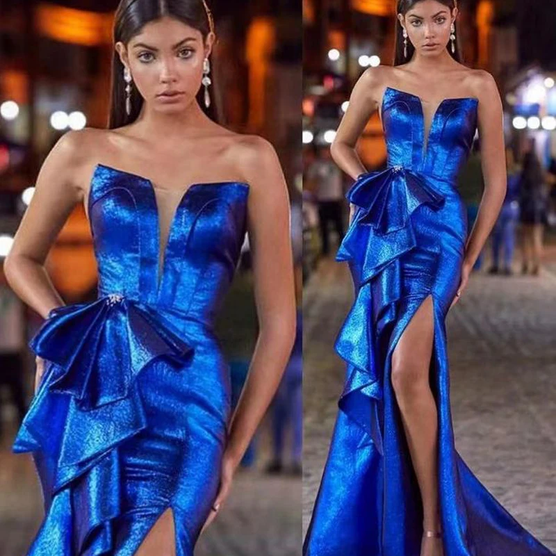 Blue Strapless Decoration Side Slit Elegant Gowns Women Evening Dress
Blue Strapless Decoration Side Slit Elegant Gowns Women Evening Dress