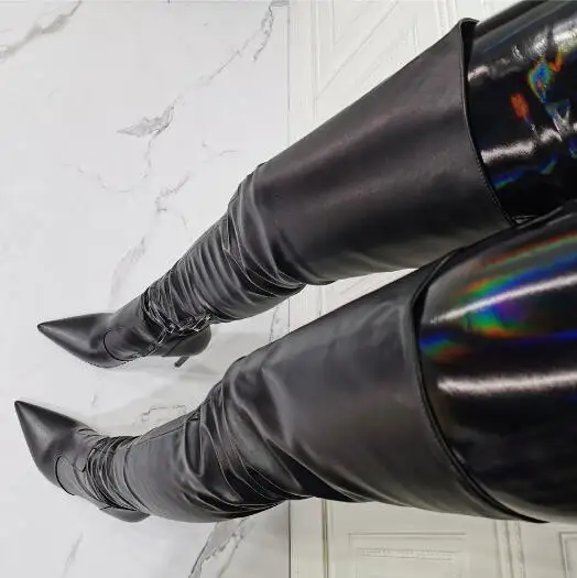 

Plus Size 47 Sexy Women Black Leather Cheap Thin Heels Over The Knee Boots 100% Factory Photos Pointed Toe Slim Thigh Boots