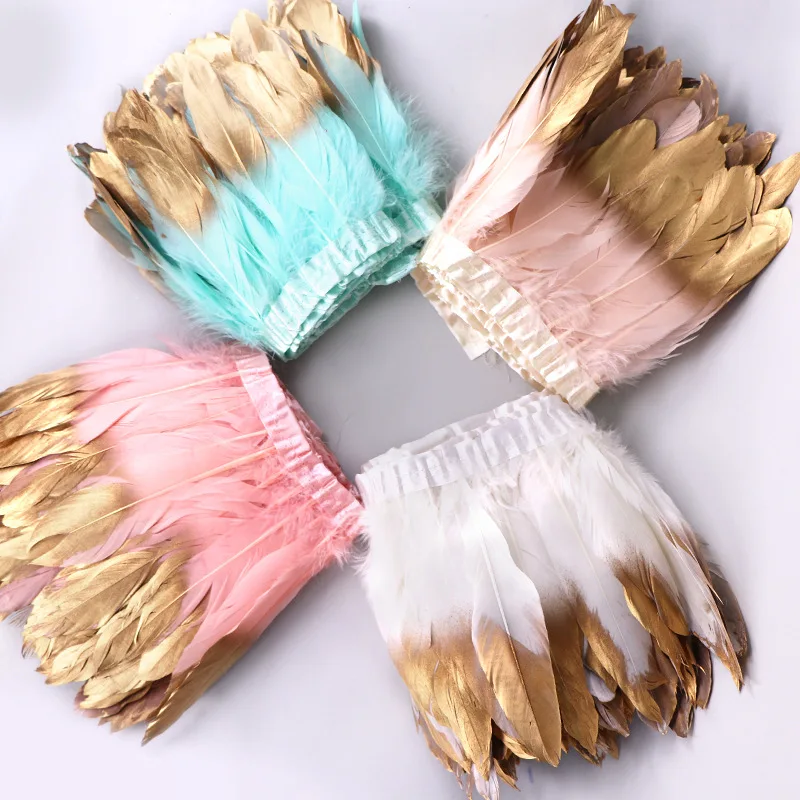 

Wholesale 10Yards/Lot Dipped Gold Goose Feathers Trims Geese Feather for Crafts Fringes Ribbons Clothing Width DIY Plumas