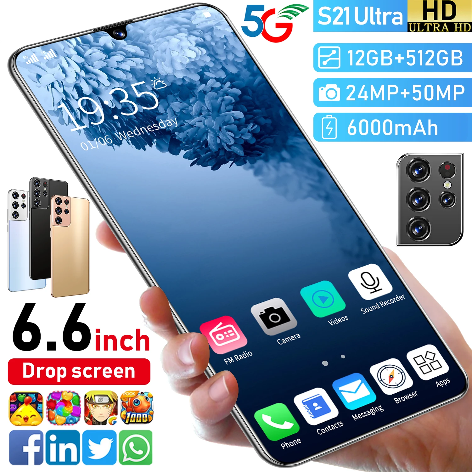 Newest S21 Ultra 6.6" Full Screen 6000mAh 5G 12GB 512GB 24MP+50MP MTK6889 10 Core Face ID Global Version Mobile Phone Smartphone
Newest S21 Ultra 6.6" Full Screen 6000mAh 5G 12GB 512GB 24MP+50MP MTK6889 10 Core Face ID Global Version Mobile Phone Smartphone