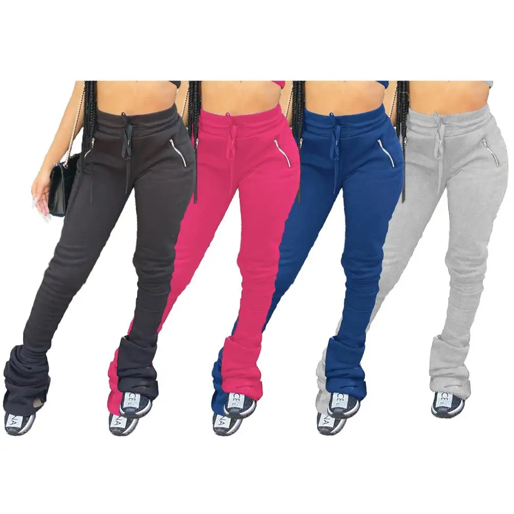 

2020 Women Elastic Stacked Pants Sport High Waist Flare Bell Bottom Ruched Stack Trousers Draped Jogger Pants Sweatpants