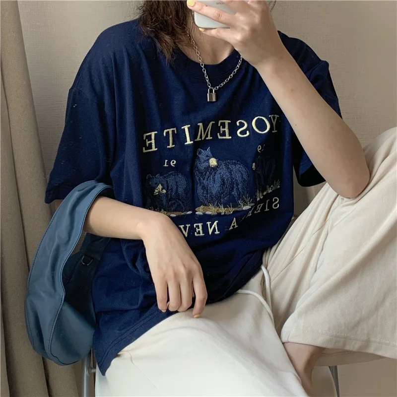 New Round Neck Cotton T-Shirt Women Summer Korean Harajuku Style Yosemite Sierra Nevade Animal Embroidery Pattern Female Tops
New Round Neck Cotton T-Shirt Women Summer Korean Harajuku Style Yosemite Sierra Nevade Animal Embroidery Pattern Female Tops