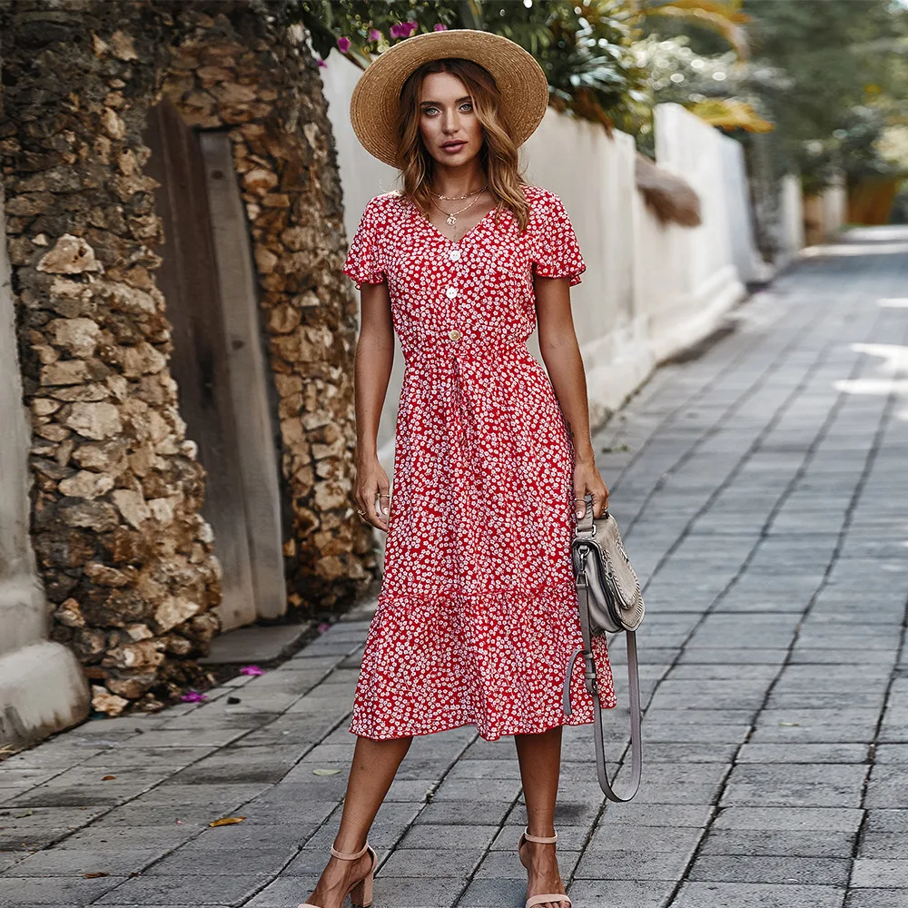 2021 Summer Wear Small Floral Dress V-Neck Cardigan Waist Bandage Cloth Flounced Sleeves Hem Flounced Embellishment Dress
2021 Summer Wear Small Floral Dress V-Neck Cardigan Waist Bandage Cloth Flounced Sleeves Hem Flounced Embellishment Dress