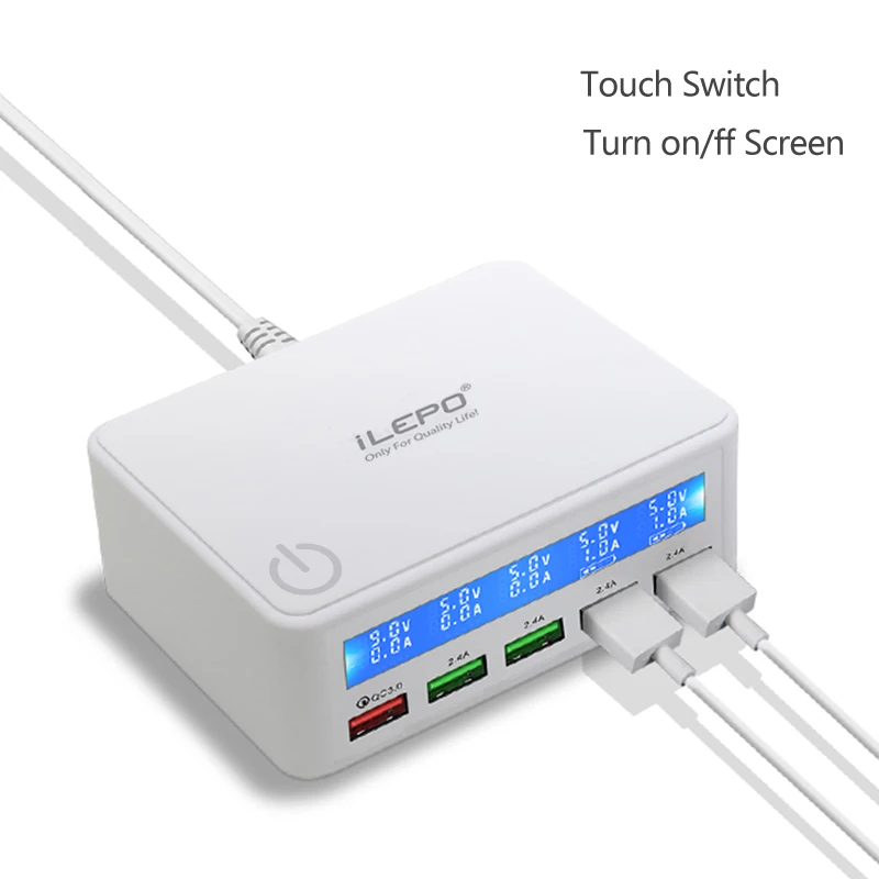 

ILEPO Quick Charge QC3.0 USB Fast Charger Station 50W 5 USB A on/ff Screen Display Safety Charger for iphone ipad Kindle Tablet