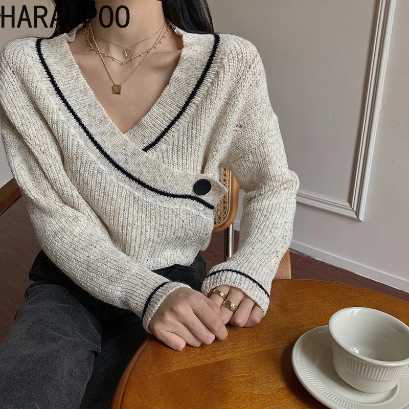 

Harajpoo Female Cardigans V Neck Cropped Sexy Spring Autumn 2021 New Loose Long Sleeve Knitted Korean Simplee Outwear Sweater