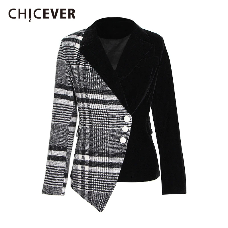 

CHICEVER Hit Color Blazers For Women Notched Collar Long Sleeve Plaid Patchwork Asymmetrical Hem Coats Female 2022 New Clothes