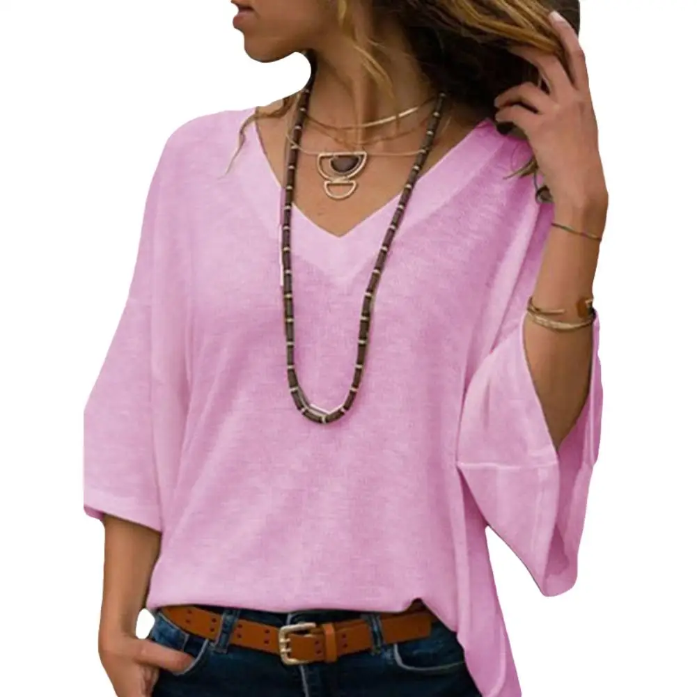 Fashion T-shirt Women Solid Color T shirt Summer V Neck 3/4 Sleeve Causal Loose Sweater T-shirt Knitwear
Fashion T-shirt Women Solid Color T shirt Summer V Neck 3/4 Sleeve Causal Loose Sweater T-shirt Knitwear
