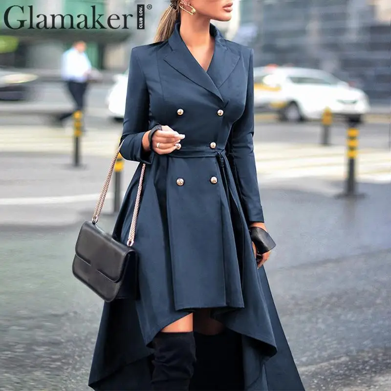 Glamaker Blue office double breasted fashion women coat Long sleeve bandage elegant spring Sexy party trench plus size | Женская одежда