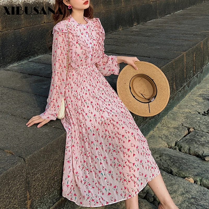 

Шикарное шифоновое платье XIBUSANA в стиле ретро с цветочным принтом, женские весенние Плиссированные Миди-платья-трапеции с длинным рукавом и ...