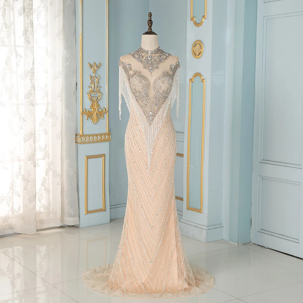 YQLNNE Luxury High Neck Nude Evening Dresses Silver Crystals Beading Tassel Formal Women Mermaid Evening Gowns High-end
YQLNNE Luxury High Neck Nude Evening Dresses Silver Crystals Beading Tassel Formal Women Mermaid Evening Gowns High-end