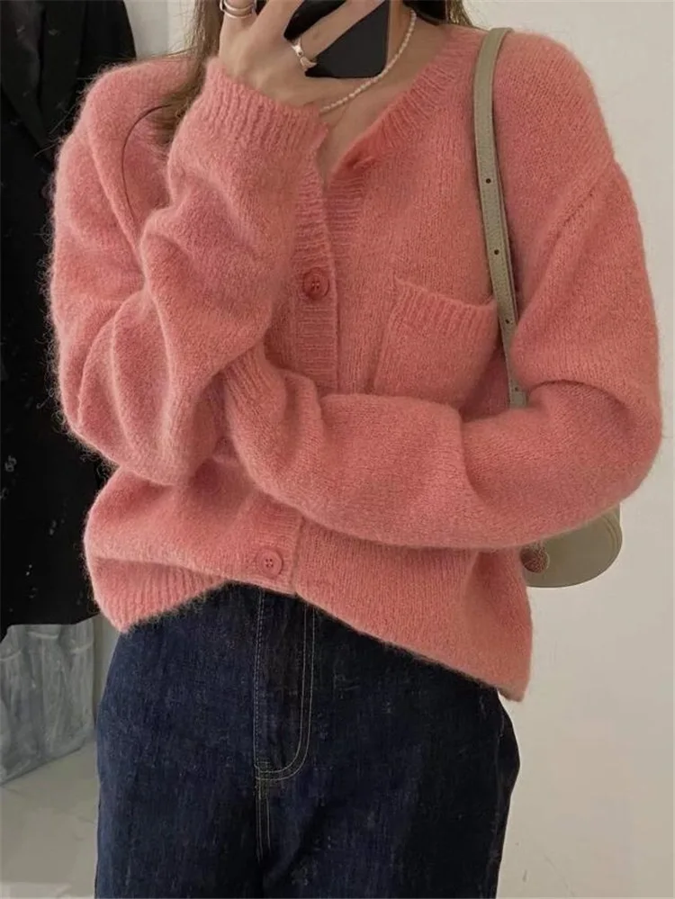 Женский свободный кардиган с круглым вырезом, однотонный мягкий кардиган с длинными рукавами и воском, Осень-зима 
Женский свободный кардиган с круглым вырезом, однотонный мягкий кардиган с длинными рукавами и воском, Осень-зима