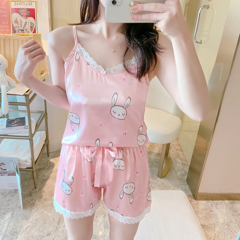 Summer Women Silk Pajamas Set Sleeveless Sleepwear V Neck Female Shorts Tops Sexy Pyjamas Set Cartoon Rabbit Print Night Wear
Summer Women Silk Pajamas Set Sleeveless Sleepwear V Neck Female Shorts Tops Sexy Pyjamas Set Cartoon Rabbit Print Night Wear
