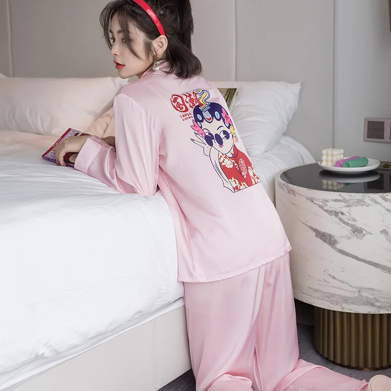 Spring Autumn Pink Satin Print Pajama Set Women Sleepwear Long Sleeve Pijama Ladies Nightwear Pyjama 2 Pieces Set
Spring Autumn Pink Satin Print Pajama Set Women Sleepwear Long Sleeve Pijama Ladies Nightwear Pyjama 2 Pieces Set