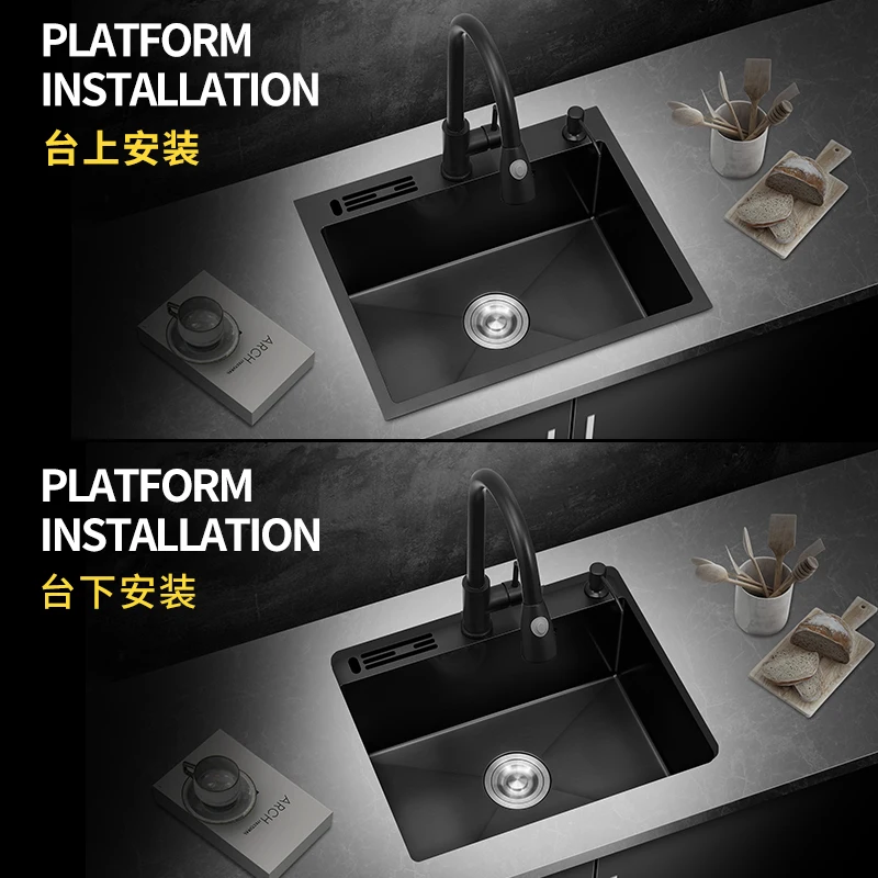 Черная кухонная раковина Nano с одним резервуаром, ручная мойка посуды 304, толстая раковина из нержавеющей стали на стойке
Черная кухонная раковина Nano с одним резервуаром, ручная мойка посуды 304, толстая раковина из нержавеющей стали на стойке
