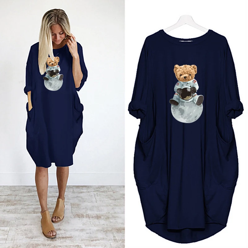 Loose Midi Dresses Women Beach Dress Pocket Long Sleeve Teddy Bear Cartoon Print Casual Kawaii Robe Femme Vestidos Female Autumn
Loose Midi Dresses Women Beach Dress Pocket Long Sleeve Teddy Bear Cartoon Print Casual Kawaii Robe Femme Vestidos Female Autumn