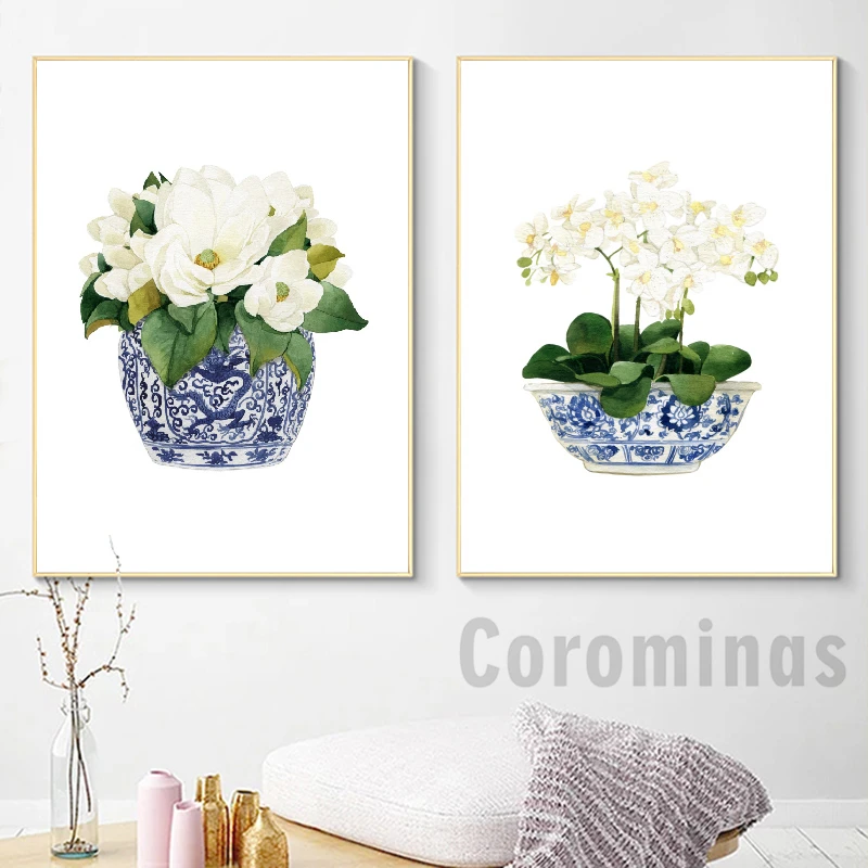 White Orchid & Magnolia Poster Watercolor Chinoiserie Decor Canvas Print Oriental Vase Blue White Willow Style Porcelain Flower
White Orchid & Magnolia Poster Watercolor Chinoiserie Decor Canvas Print Oriental Vase Blue White Willow Style Porcelain Flower