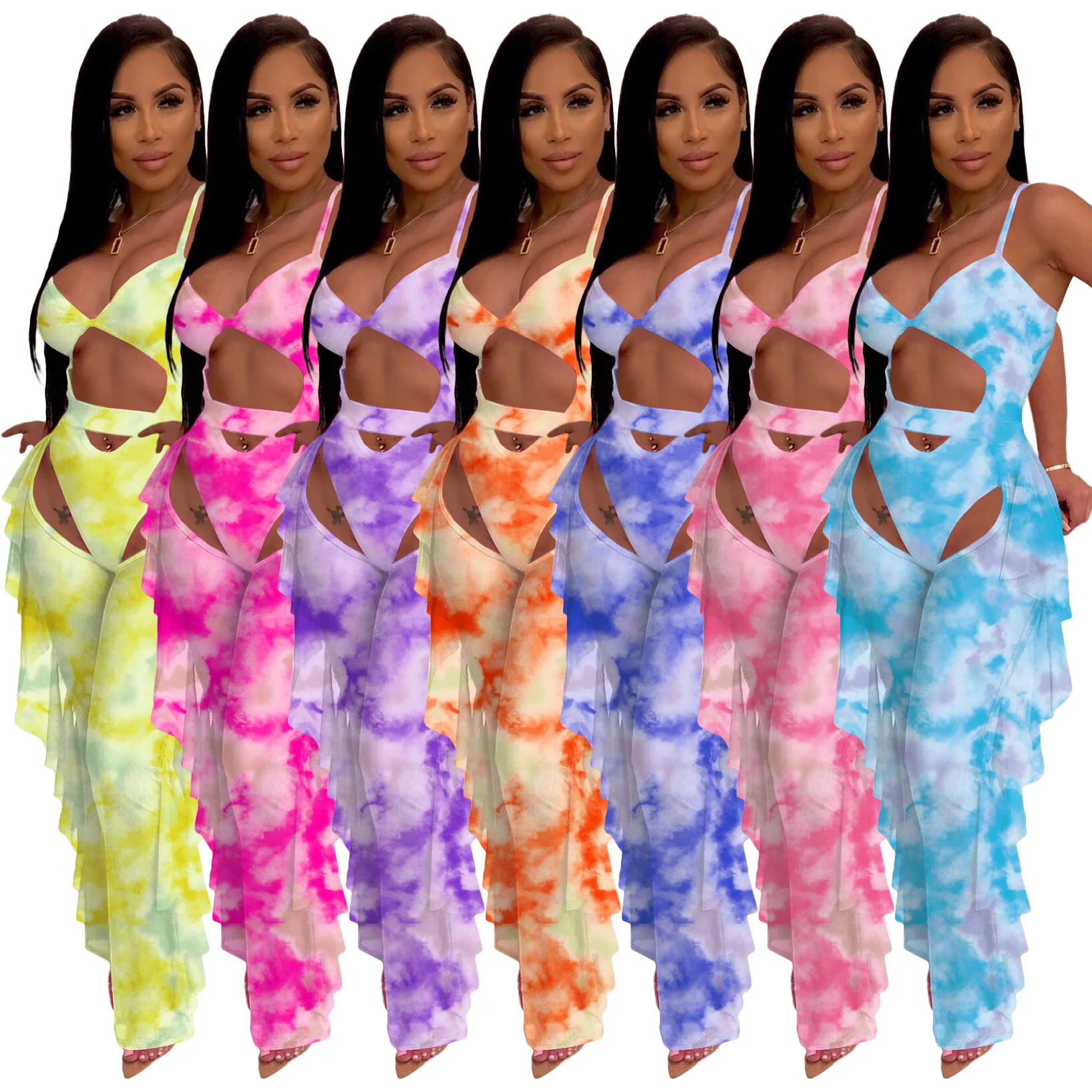 Summer Beach Party Swimsuit Tie Dye Bodysuit Transparent Sheer Mesh Ruffles Pants Women Set Sexy Club Two Piece Set Outfits 
Summer Beach Party Swimsuit Tie Dye Bodysuit Transparent Sheer Mesh Ruffles Pants Women Set Sexy Club Two Piece Set Outfits
