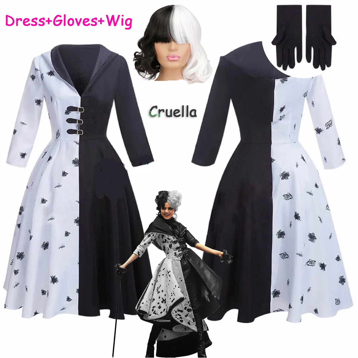Women Cruella Costume Black White Fancy Dress Curly Wig Gloves Halloween Cosplay Outfit
Women Cruella Costume Black White Fancy Dress Curly Wig Gloves Halloween Cosplay Outfit