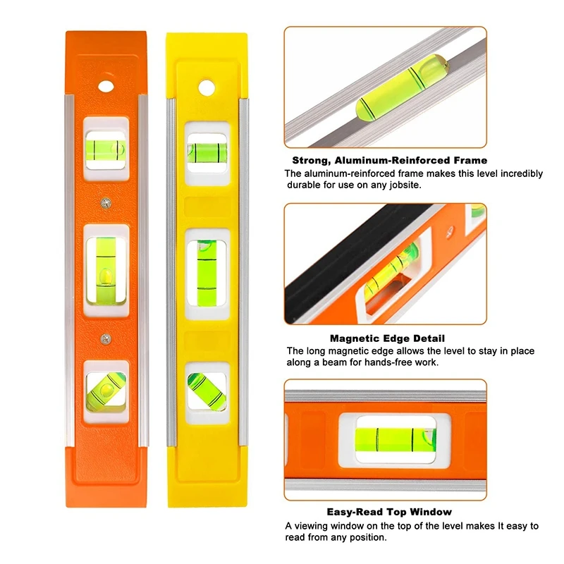 2Pcs Torpedo Level 9 Inch Level with 45/90/180 Bubbles, Shock Resistant Level Tool for Measuring
2Pcs Torpedo Level 9 Inch Level with 45/90/180 Bubbles, Shock Resistant Level Tool for Measuring