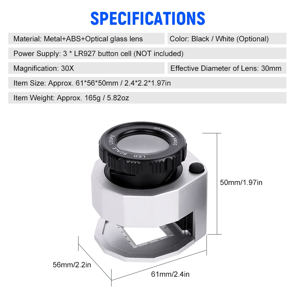 LED Scale Loupe 30X Adjustable Magnification Folding Magnifier Metal Table Mirror with Scale Small Reading Mirror Magnifier
LED Scale Loupe 30X Adjustable Magnification Folding Magnifier Metal Table Mirror with Scale Small Reading Mirror Magnifier