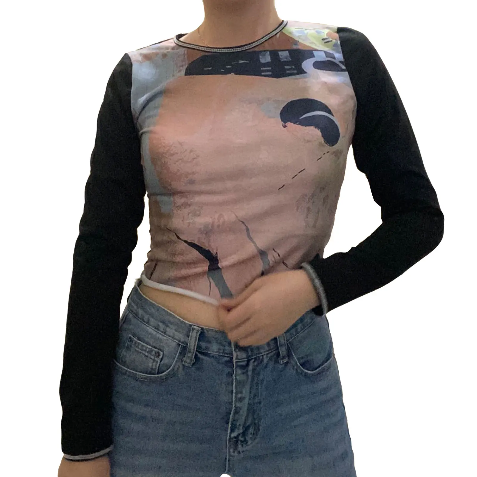 Ladies Round Collar Polyester T-shirt Spring Autumn Women Leisure Style Abstract Printing Long Sleeve Tops Slim Base
Ladies Round Collar Polyester T-shirt Spring Autumn Women Leisure Style Abstract Printing Long Sleeve Tops Slim Base