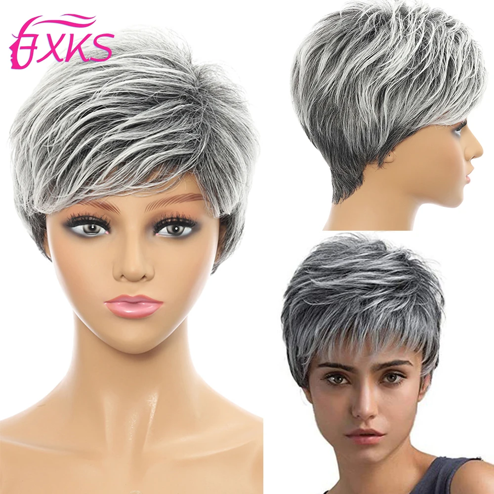 Silver Grey Synthetic Hair Wigs Short Wavy Hair Synthetic Wigs Side Swept Bang Pixie Cut Blonde Machine Made Wigs 6Inch 90G FXKS 
Silver Grey Synthetic Hair Wigs Short Wavy Hair Synthetic Wigs Side Swept Bang Pixie Cut Blonde Machine Made Wigs 6Inch 90G FXKS