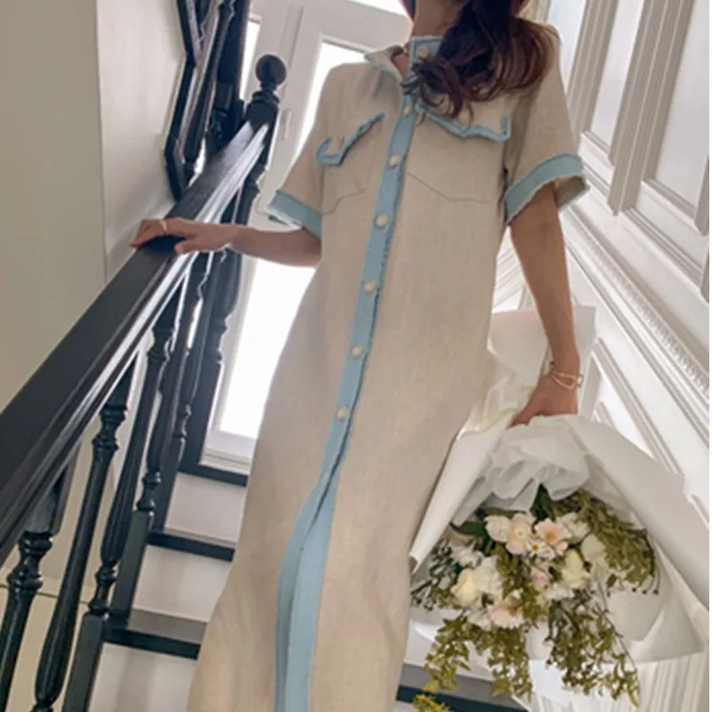 2021 Vintage Woman Dress O-Neck Spliced Contrase Color Summer Pocket Loose Short Sleeve Single Breasted Long Dresses
2021 Vintage Woman Dress O-Neck Spliced Contrase Color Summer Pocket Loose Short Sleeve Single Breasted Long Dresses