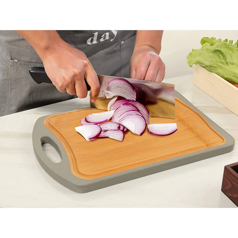 

Kitchen Double-Sided Cutting Board with Juice Trough-Organic Whole Bamboo Composite Kitchen Cutting Board with Handle