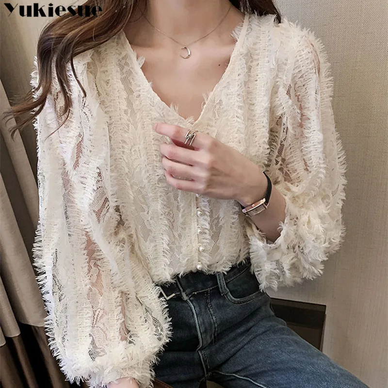 Elegant Lace Stand Collar Blouse Shirt Sexy V-neck Hollow Out tassel Feminine Blouses Women Long Sleeve Tops clothe
Elegant Lace Stand Collar Blouse Shirt Sexy V-neck Hollow Out tassel Feminine Blouses Women Long Sleeve Tops clothe