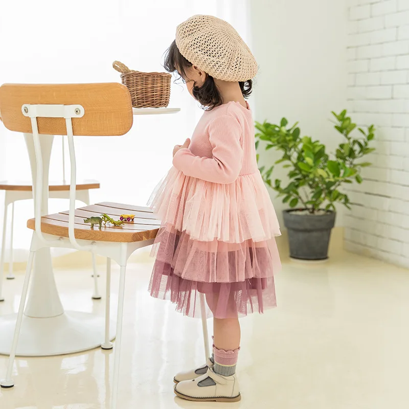 Новинка 2019 Сетчатое платье для девочек с длинным рукавом Корейская версия