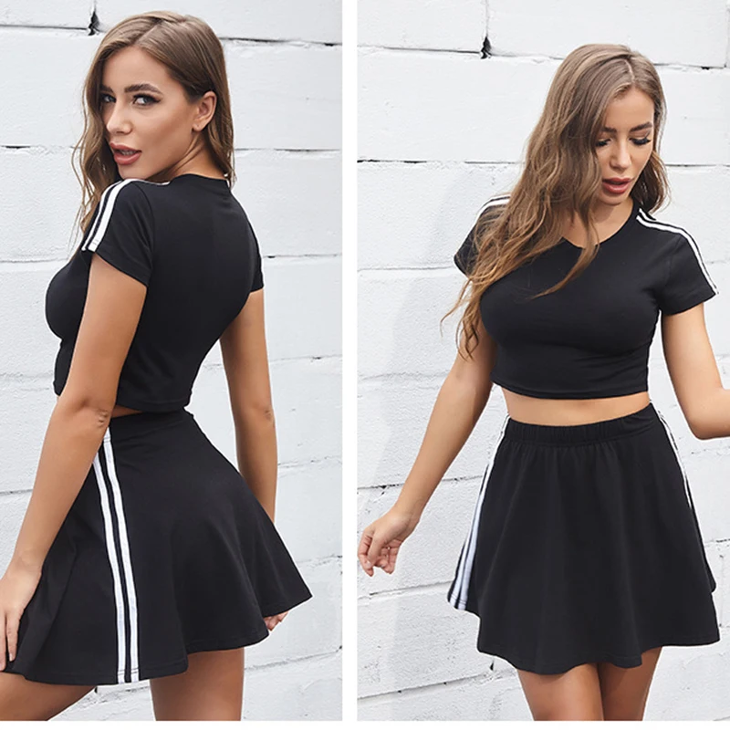 Solid Color Striped Short Sleeve Top Skirt Sports Suit Women 2021 Summer New Fashion Black Blue Gray Red Green Feminina LD1635
Solid Color Striped Short Sleeve Top Skirt Sports Suit Women 2021 Summer New Fashion Black Blue Gray Red Green Feminina LD1635