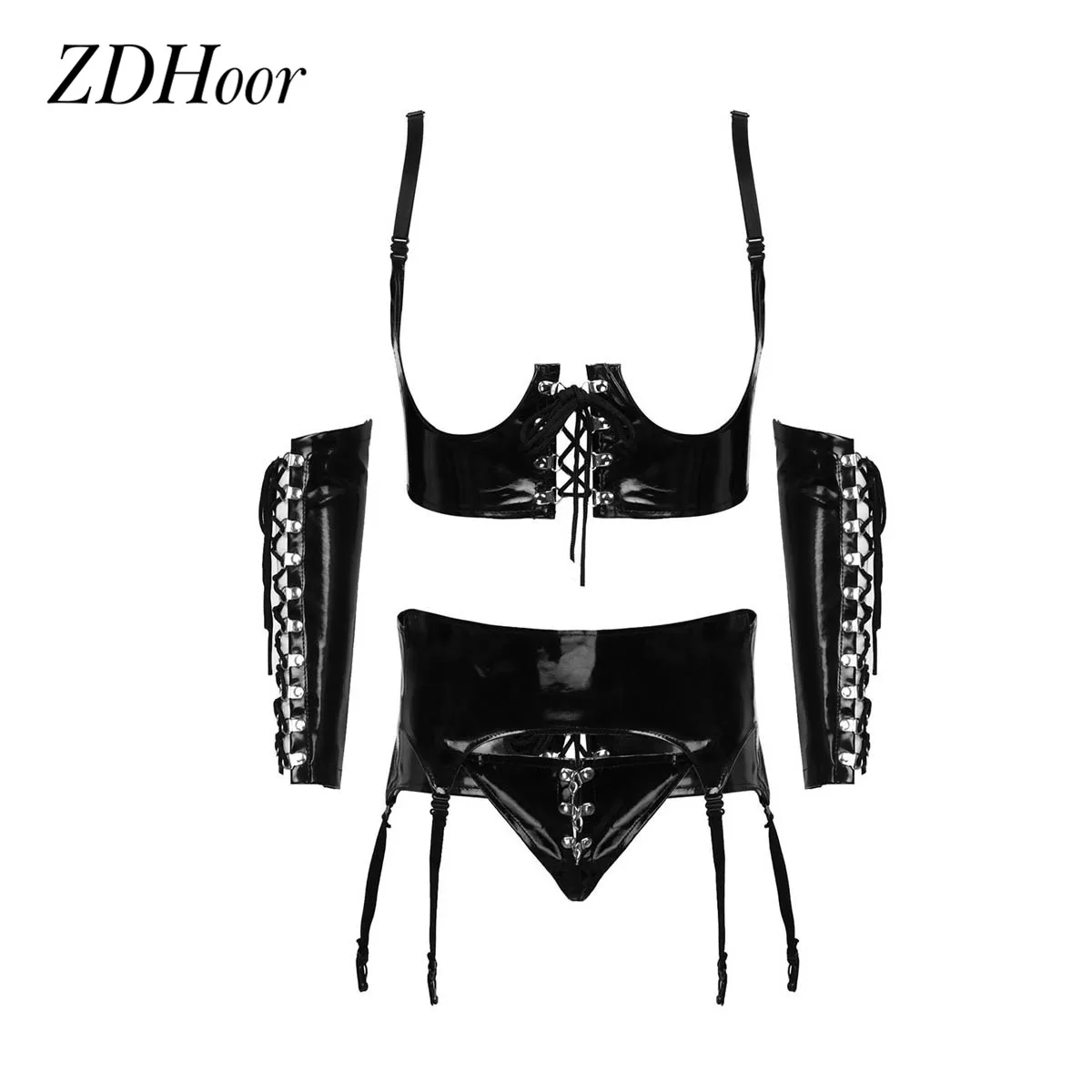 Womens Patent Leather Lingerie Set Sexy Cosplay Nightclub Wear Nightwear Open Bust Underwired Corset Top Garter G-string Panties
Womens Patent Leather Lingerie Set Sexy Cosplay Nightclub Wear Nightwear Open Bust Underwired Corset Top Garter G-string Panties