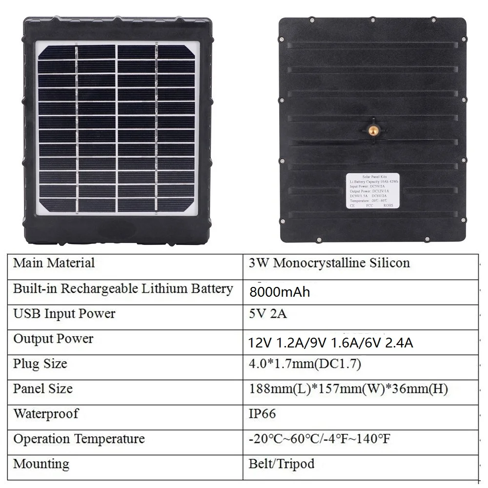 Trail Camera Solar Panel -8000mAh 3W Supporting -12V 9V 6V Rechargeable Lithium Battery Outdoor Power System
Trail Camera Solar Panel -8000mAh 3W Supporting -12V 9V 6V Rechargeable Lithium Battery Outdoor Power System