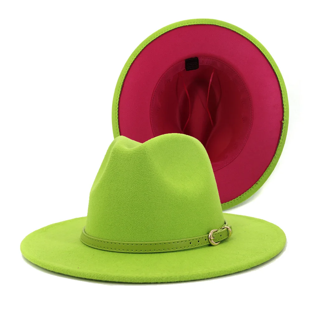 High Quality Patchwork Outer Lime Green Inner Rose Red Wool Felt Hat with Belt Buckle Church Hats Fedora Hat for Women
High Quality Patchwork Outer Lime Green Inner Rose Red Wool Felt Hat with Belt Buckle Church Hats Fedora Hat for Women