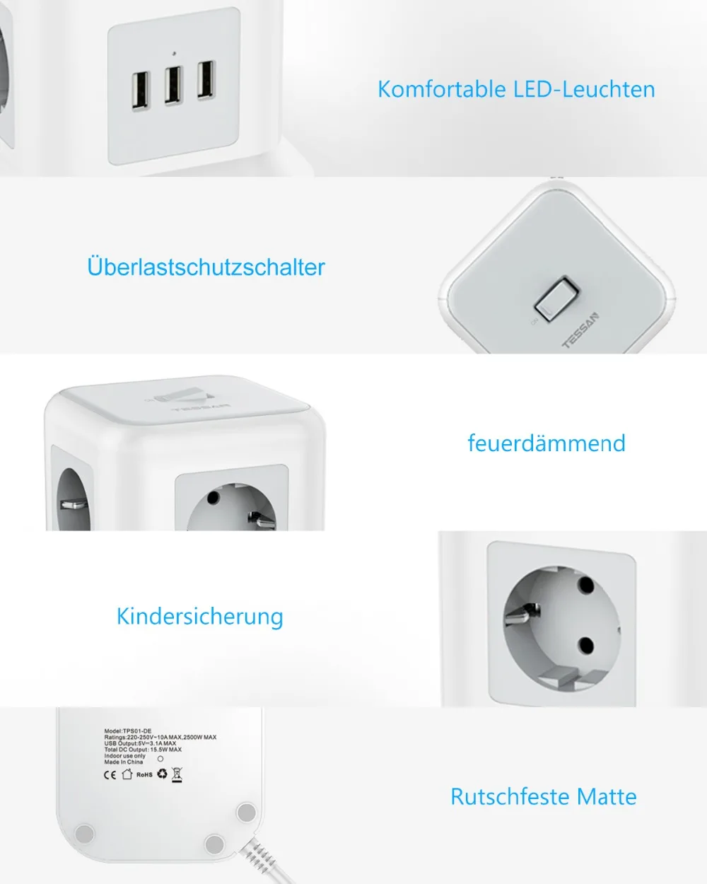 Плата питания TESSAN Smart Power Board с европейской вилкой 3 USB и 11 розетками удлинитель