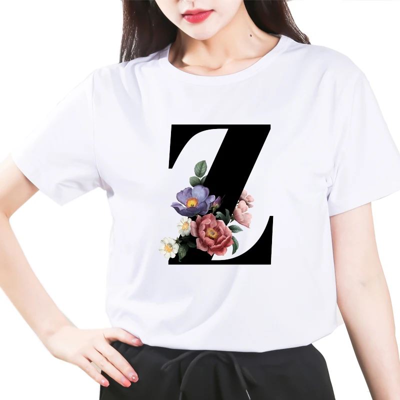 Custom name 26 letter combination women's High quality printing T-shirt Flower letter Font Z Short sleeve Clothes 
Custom name 26 letter combination women's High quality printing T-shirt Flower letter Font Z Short sleeve Clothes