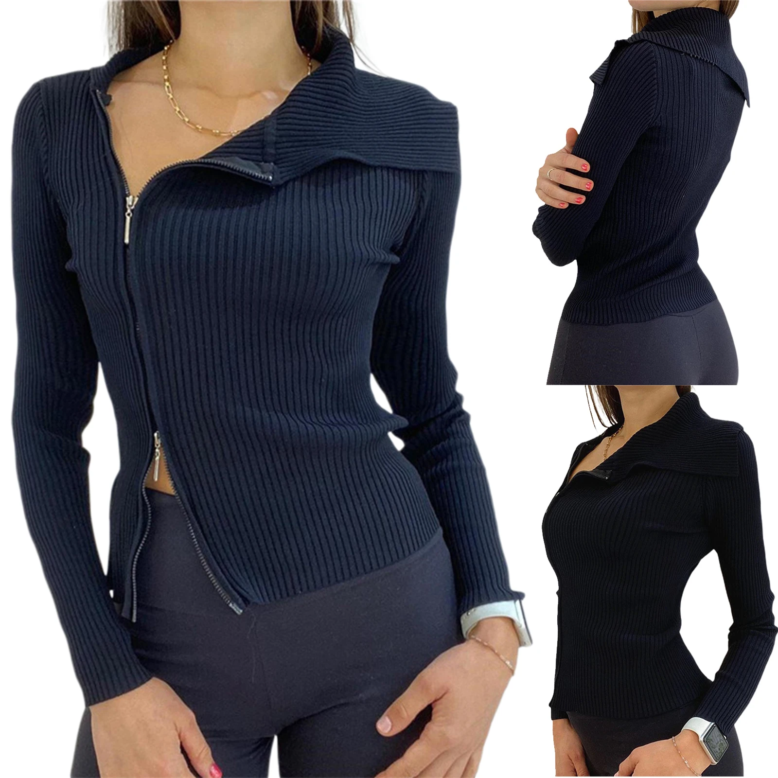 Knitted t Shirt Women Spring Autumn New Top Turn-down Collar Tshirts Zipper Fashion Casual All Match Tee Shirt Femme Clothing
Knitted t Shirt Women Spring Autumn New Top Turn-down Collar Tshirts Zipper Fashion Casual All Match Tee Shirt Femme Clothing